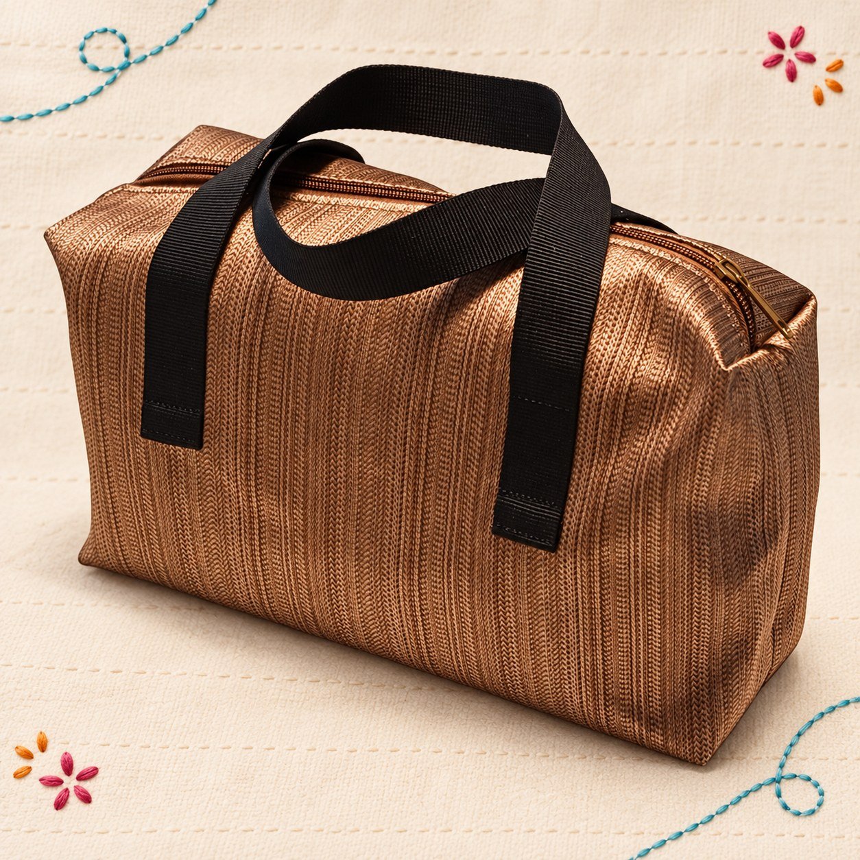 Bronze handmade zippered bag on a cream stitched background