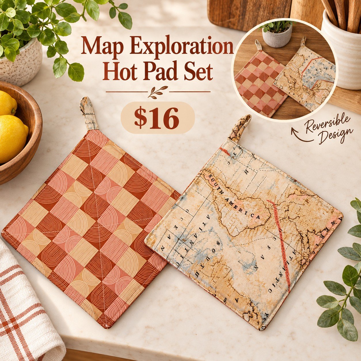 Map Exploration seven-inch hot pad set handmade by Mary