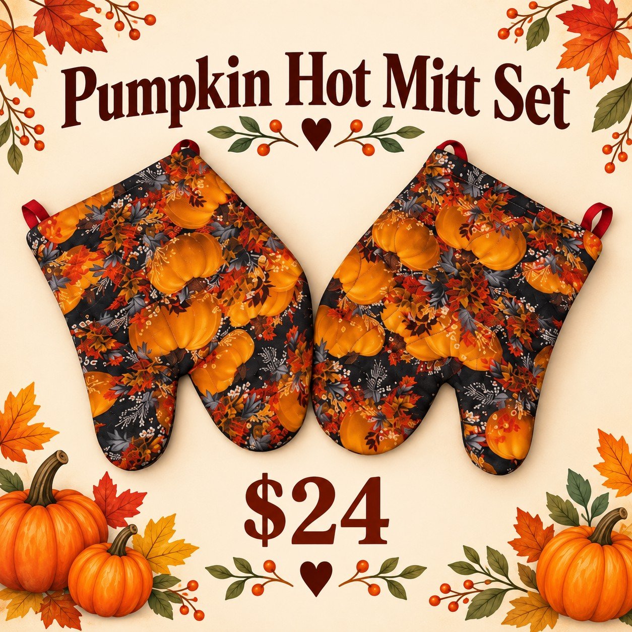 Pumpkin-print hot mitt set handmade by Mary