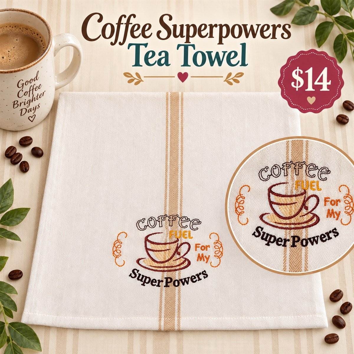 Embroidered coffee-themed tea towel handmade by Mary